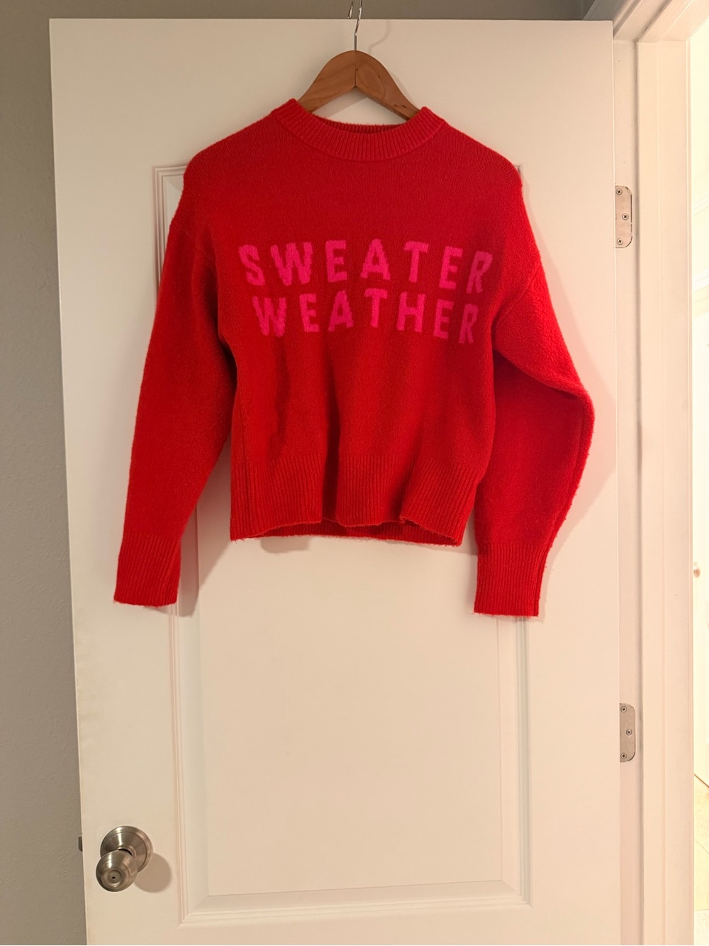 a new day Red Crewneck Sweater with Pink Lettering
